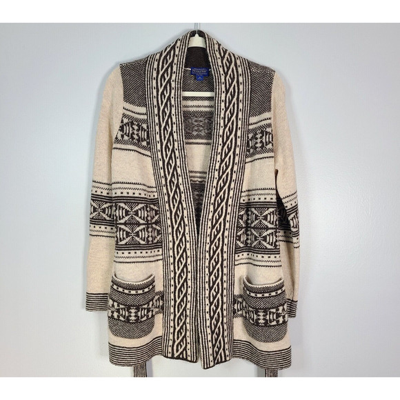 PENDLETON Wool Alpaca Discovery Cardigan Medium Petite Brown Cream Western FLAW - Picture 2 of 16